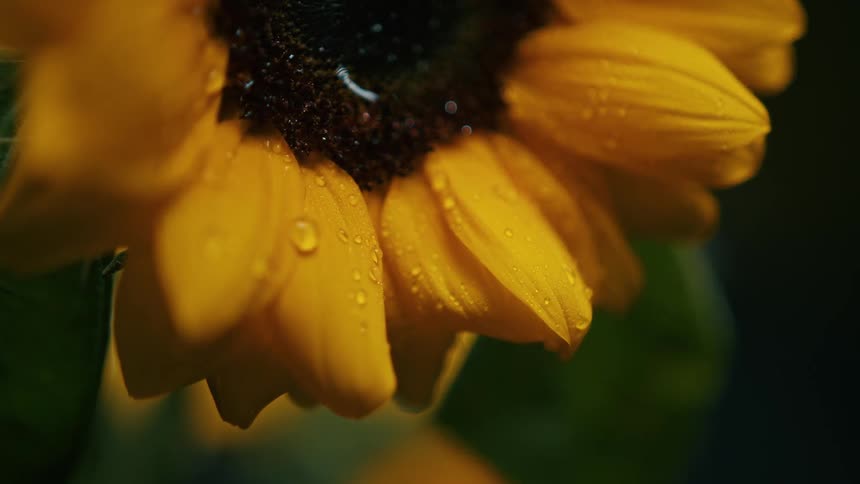 The video shows a closeup of a sunflowers petals covered in tiny water droplets the camera slowly focuses on a single drop of water as it slides down a yellow petal