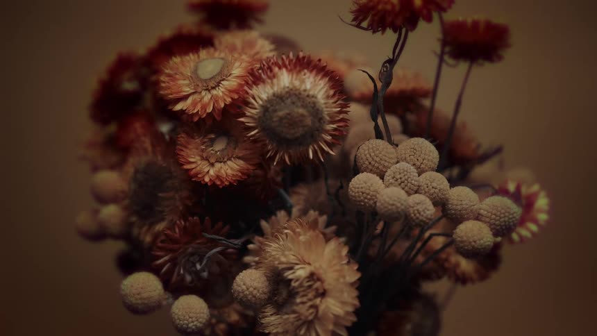 In a moody scene a bouquet of dried rustic flowers is illuminated by subtly shifting and flickering light