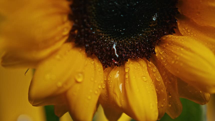 The video shows a macro shot of a vibrant sunflower covered in water droplets the camera focuses on a droplet slowly dripping from a petal and falling off the flower
