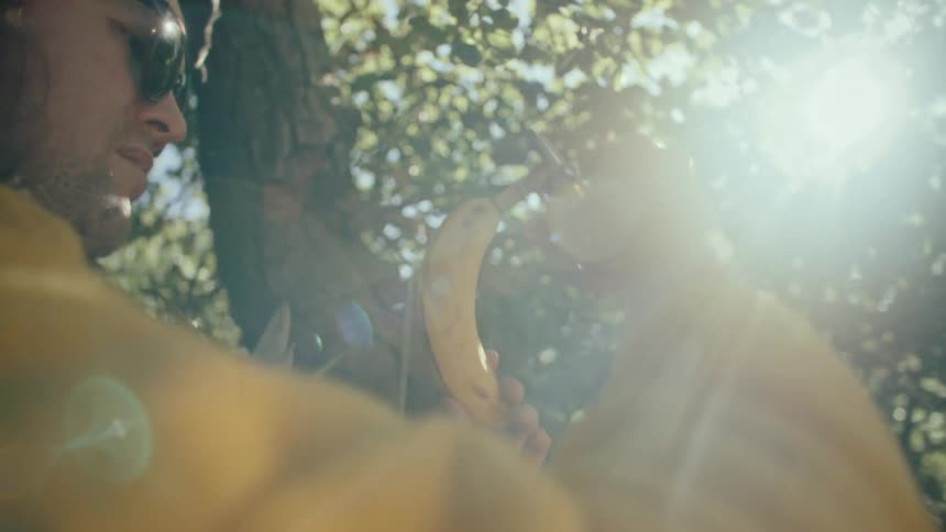 A person outdoors using a pair of small yellow scissors to carefully slice a banana with dappled sunlight shining through the leaves of a tree in the background