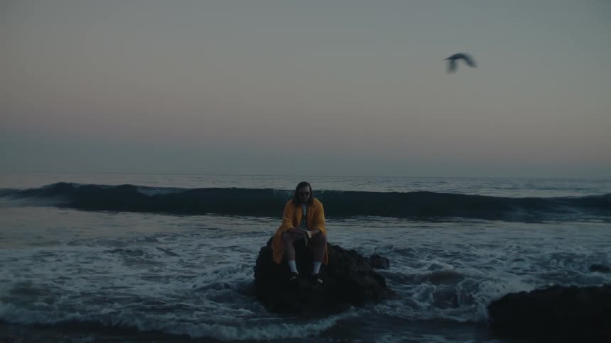 A person sits on a rock by the ocean at dusk