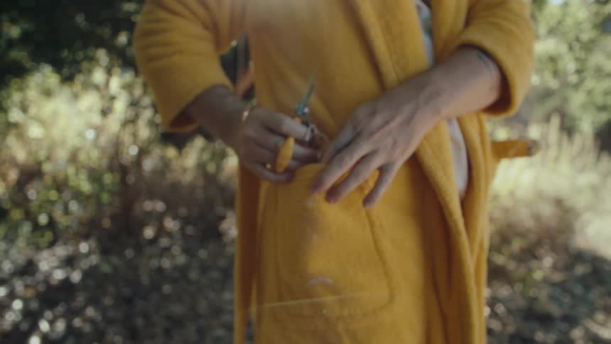 Person with scissors putting two bananas inside the pocket of a yellow robe