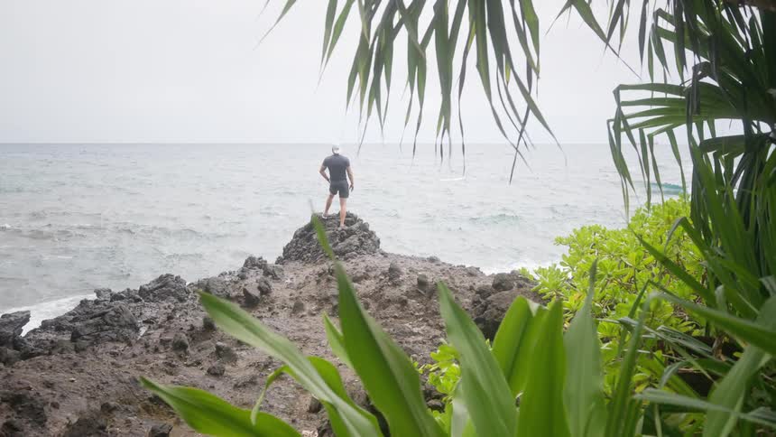 The video shows a man standing on a large rock with the ocean in the background the camera is positioned behind some foliage and pans slightly to reveal the full view of the man and the sea