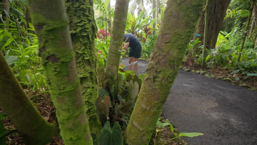 A man in athletic wear photographs flowers along a lush garden path while video recording with his phone