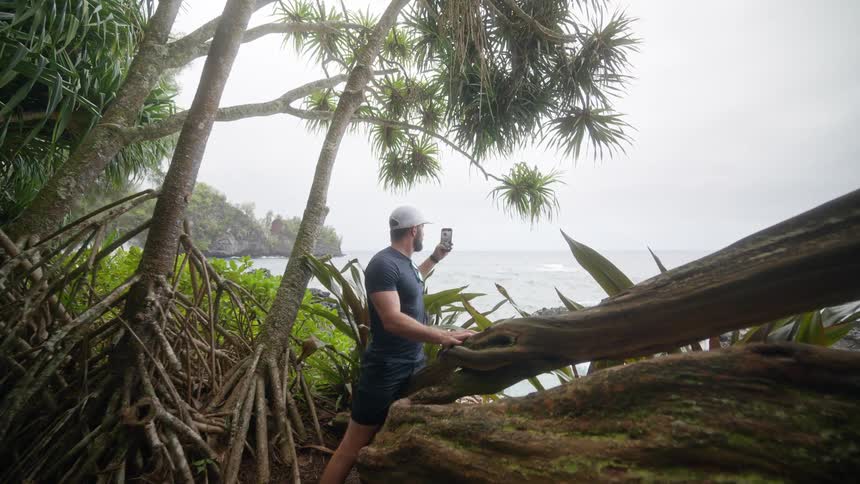 Man stands near a fallen tree on the coast and takes video of the ocean using his smartphone on a summer day