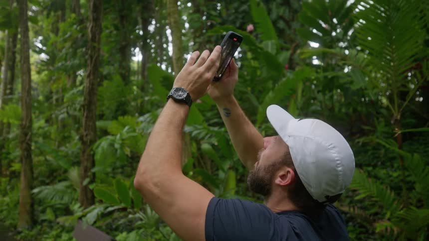 A man in a white cap photographs the towering trees and dense greenery along a tropical forest path