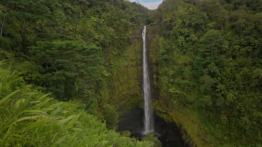The video shows an impressive waterfall surrounded by a lush green jungle landscape the camera captures the waterfall from a distance showing it cascade down a steep rock face