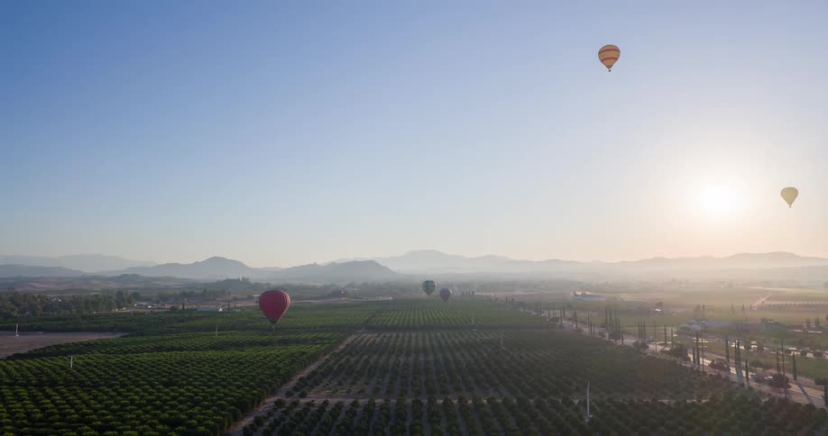 A wide view from above shows a sunrise over a landscape with mountains in the background and fields of crops in the foreground as hot air balloons float in the clear sky
