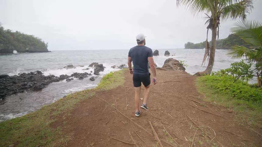 Man walks on a path with palm trees and rocks along the coast as waves roll into shore