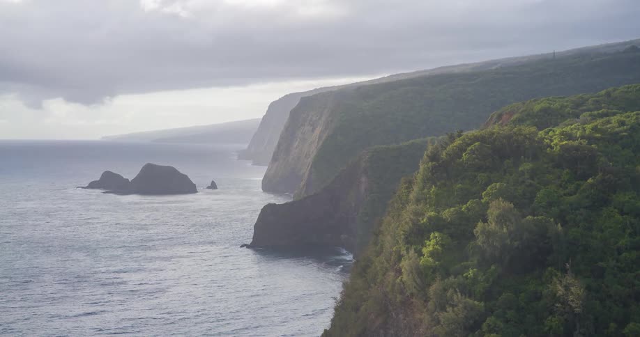 Steep lush green cliffs meet the ocean under a cloudy sky with dark rock formations jutting from the water