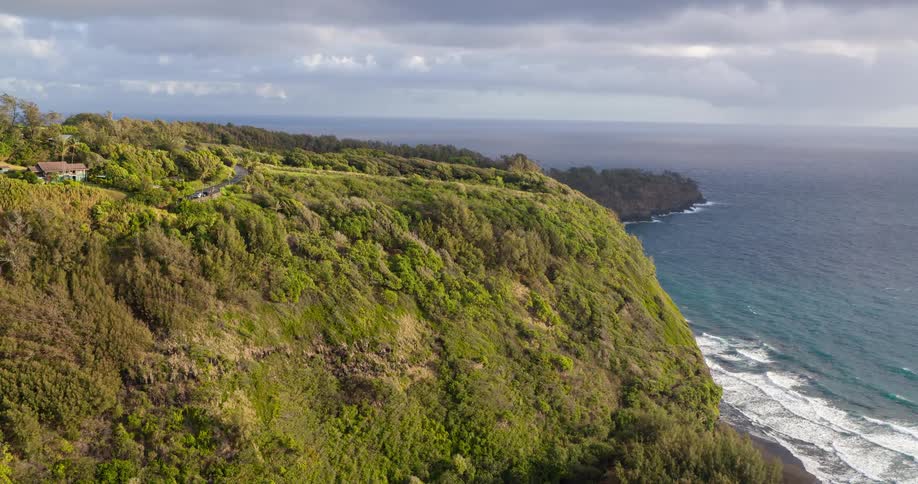 The video shows a scenic view of a lush green cliffside meeting the ocean the camera pans along the coastline revealing a road winding along the top of the cliff