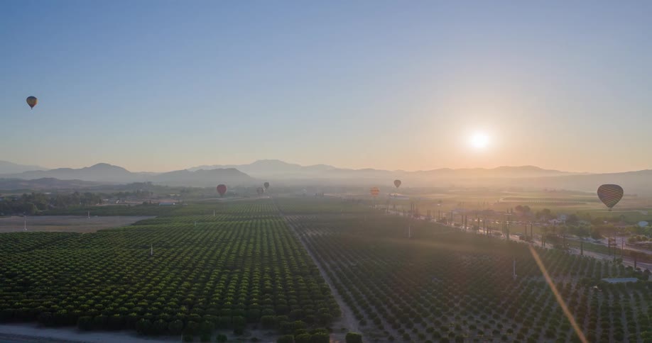 The video shows an aerial view of a landscape with several hot air balloons floating in the distance the sun is rising casting a warm glow over the fields of trees below