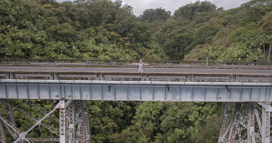 The video shows a man standing on an old bridge with his arms outstretched the bridge appears to be a railway bridge with lush green trees and foliage in the background