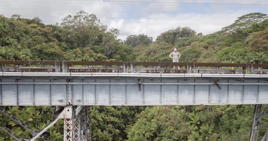 A man stands with his hands on his hips in the middle of a high trestle bridge overlooking a dense tropical jungle