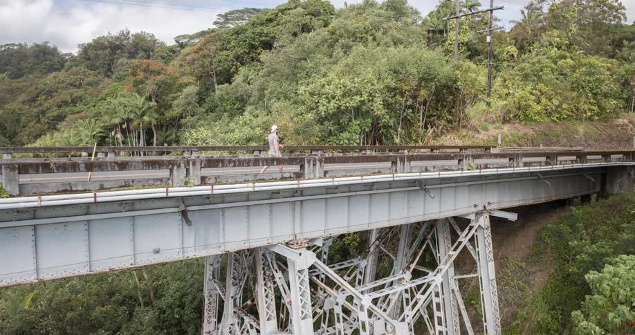 The video shows a man walking across a large metal bridge the bridge is surrounded by dense green foliage and the man is seen walking from left to right