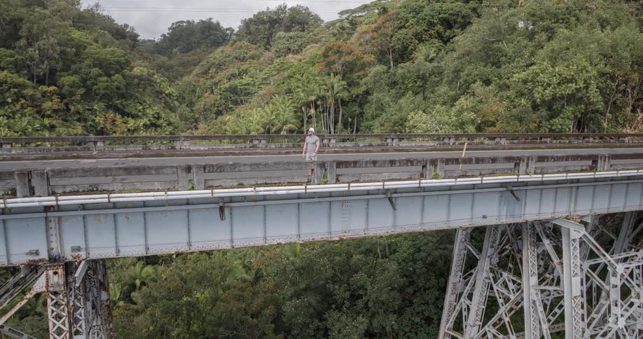The video shows a man standing on an old metal bridge that spans a lush green valley a gray pickup truck drives past him from left to right
