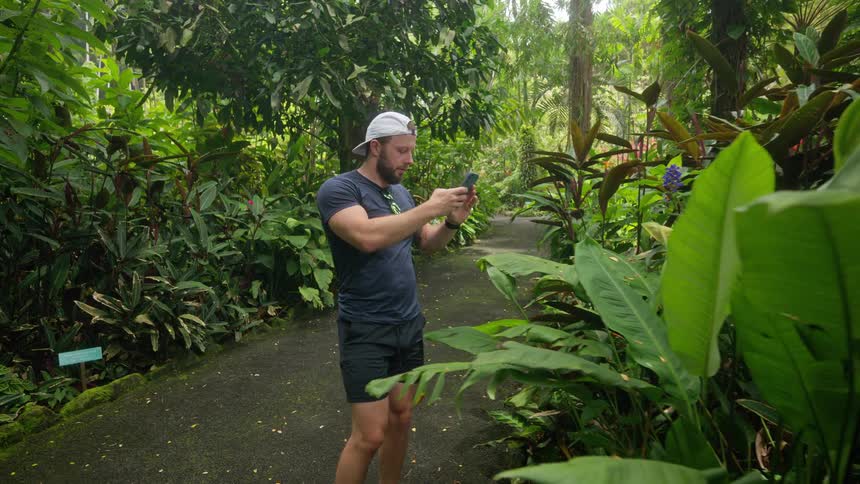 Man photographing plants in a tropical garden