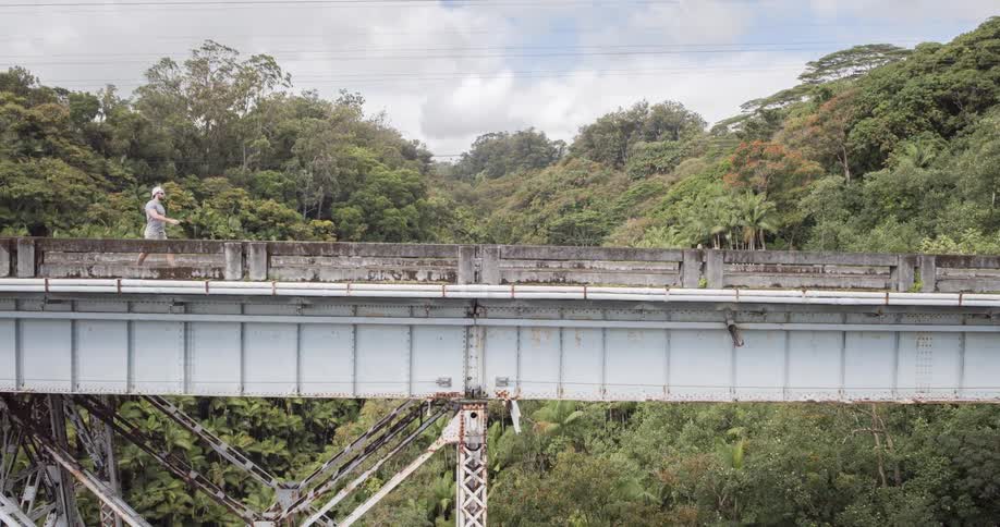 Man walking on a high metal bridge surrounded by dense forest