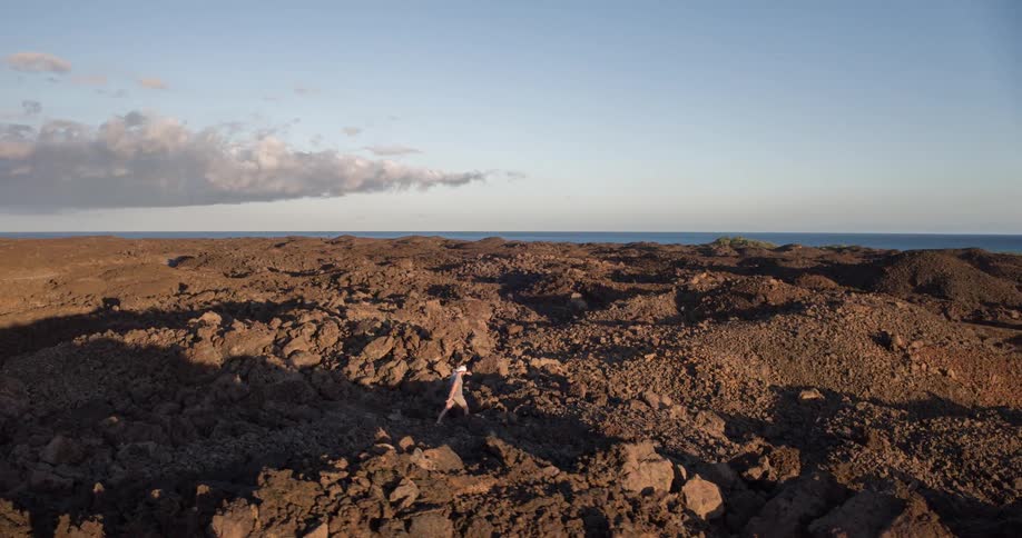 The video shows an aerial shot of a person walking across a vast rugged landscape of dark volcanic rock the person who is walking away from the camera is heading towards the bright blue ocean visible in the background
