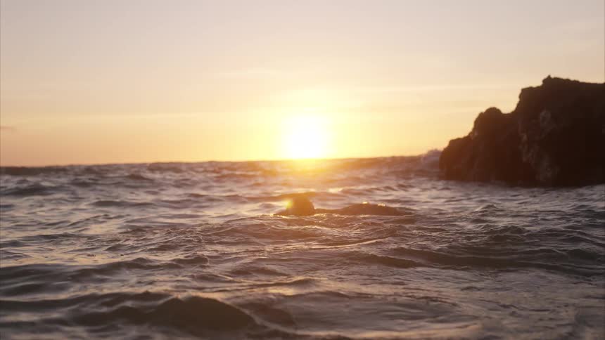 A man swims backward into the ocean silhouetted against a beautiful golden sunset