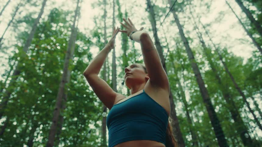 A young woman in the woods at midday doing yoga stretching her body surrounded by trees