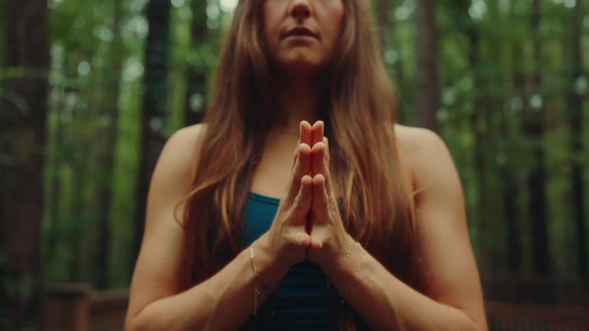 Woman with hands together in a prayer or meditation pose outdoors