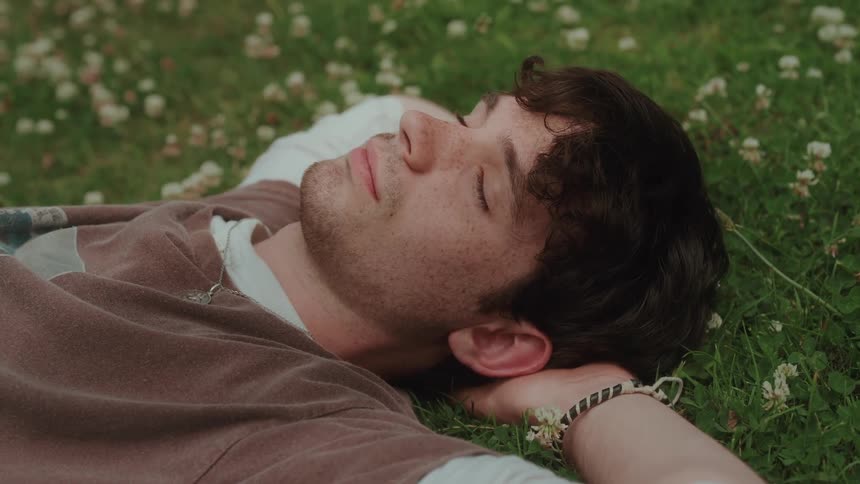 A relaxed man with dark hair is lying on his back in a field of green grass and white clovers with his eyes closed and his hand resting on his face