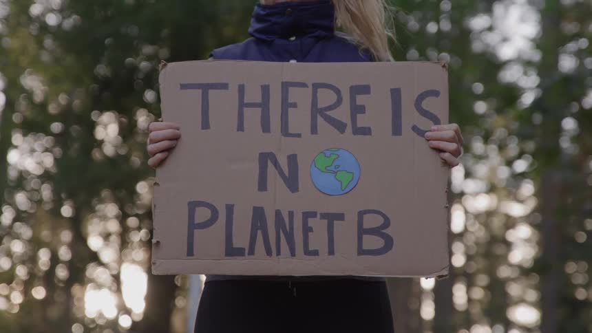 A woman protesting in the woods holding a placard that says there is no planet b at midday