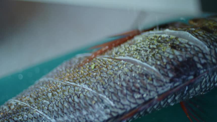 Seasoned fish being prepared