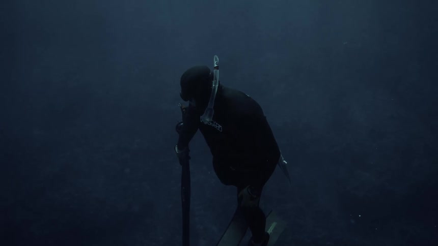 A spear fisherman wearing goggles and a wet suit swims back to the surface
