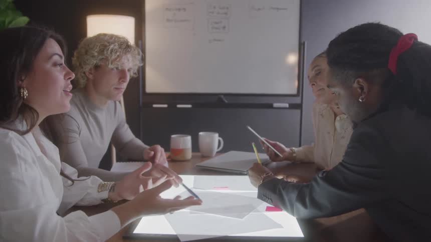 Four colleagues engaged in a meeting around a table in an office