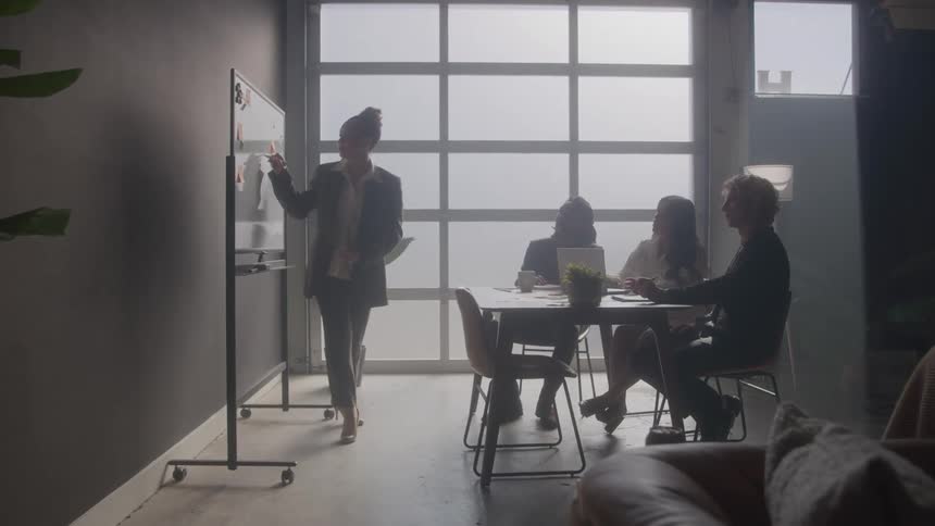 A woman doing a presentation in an office using a whiteboard while three people sitting at a long table pay attention