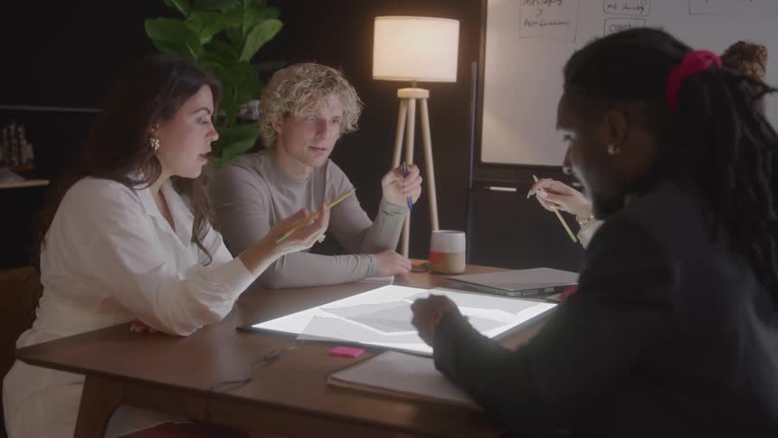 A group of coworkers is sitting at a wooden table in an office discussing a project