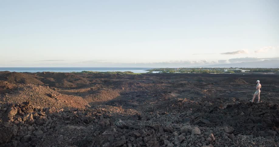 Person walks alone across a volcanic rock field with a view of the sea and mountains in the background