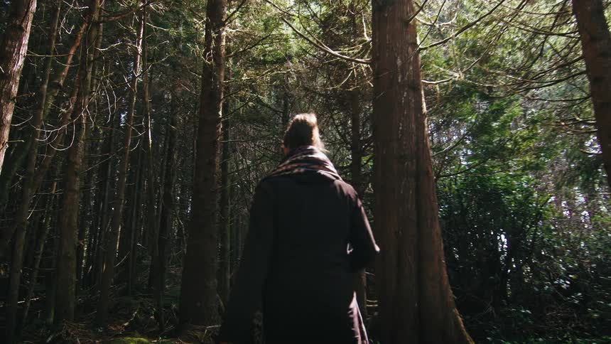 Young woman walking on a path through the forest as the sun shines brightly through the trees
