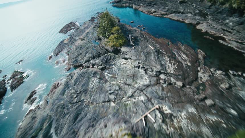Rocky shoreline with small trees and a blue water cove
