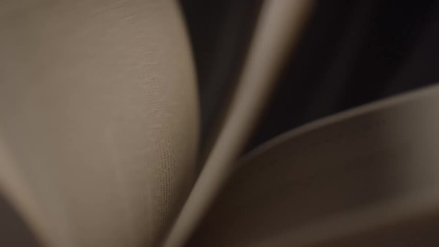 The video shows an open book with pages rapidly flipping back and forth the pages have a slightly sepia tone
