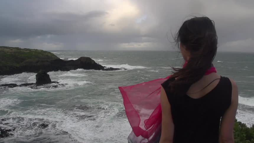 A woman standing on the shore on a cloudy day
