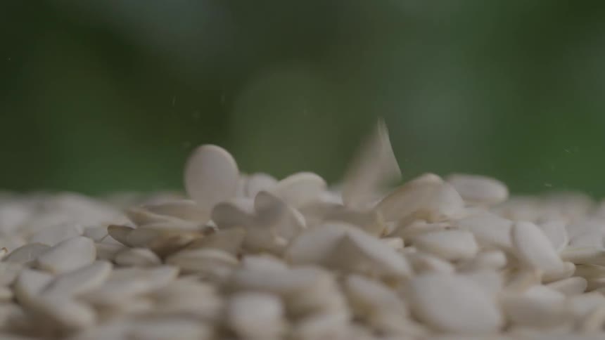 A cascade of white pumpkin seeds falls onto a growing pile