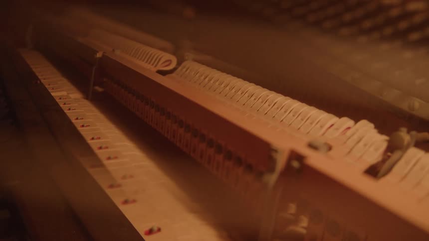 The video shows a closeup of the hammers and strings inside a piano the hammers strike the strings in a quick rhythmic motion showcasing the intricate inner workings of the instrument as its played