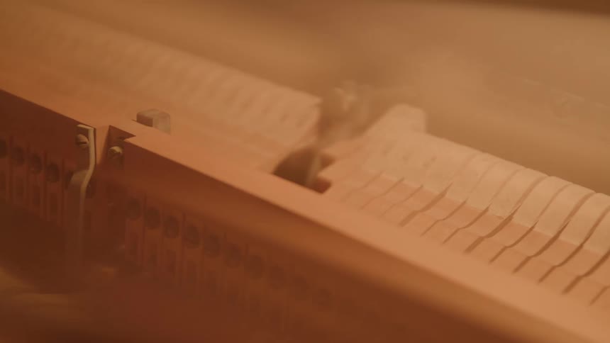 A slowmotion closeup of the hammers inside a piano striking the strings this action creates the sound of the piano which is a blend of visual and auditory art