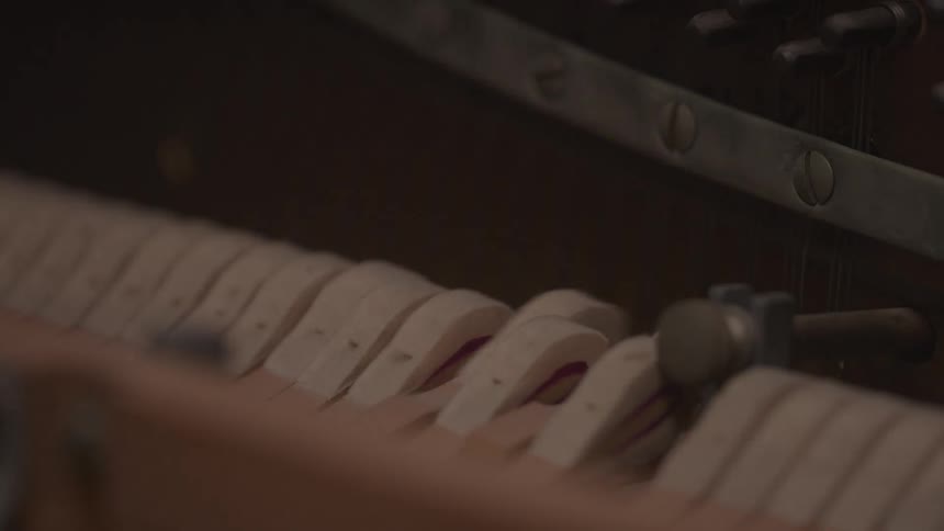 The video shows a closeup of the keys of a piano the keys are a mix of white and black and they move up and down as if someone is playing them