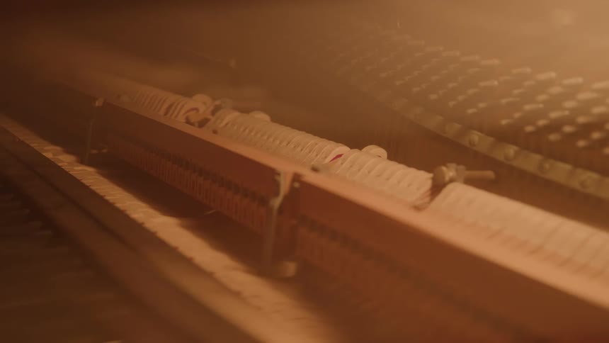 Closeup view of a pianos internal mechanism