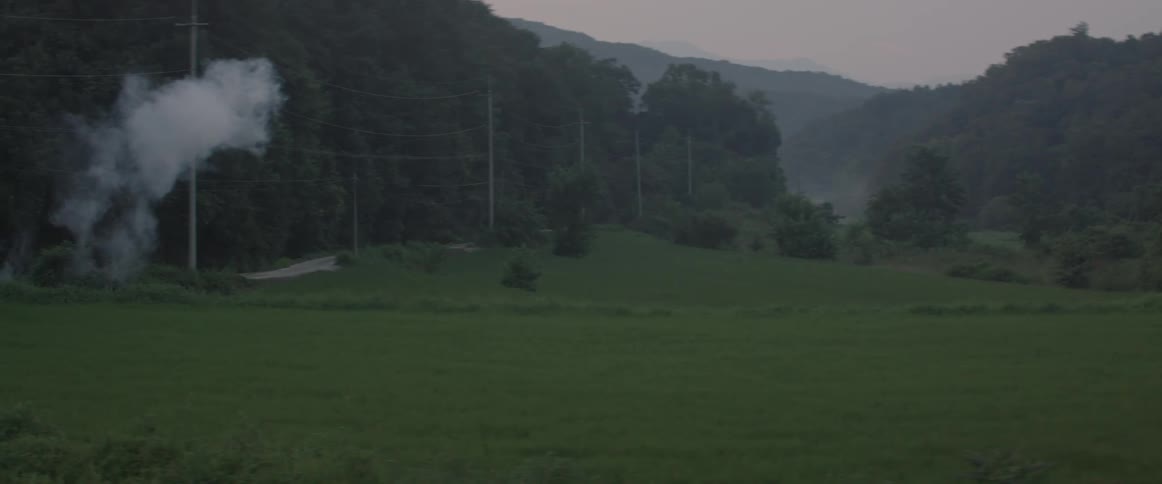 A small amount of smoke moving into a green field open area