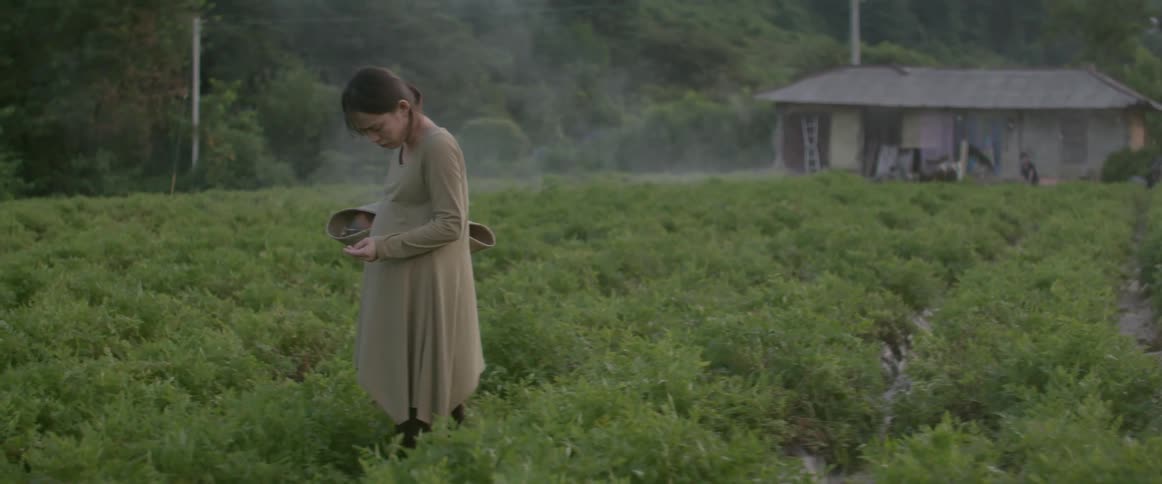 A pregnant woman stands in a field