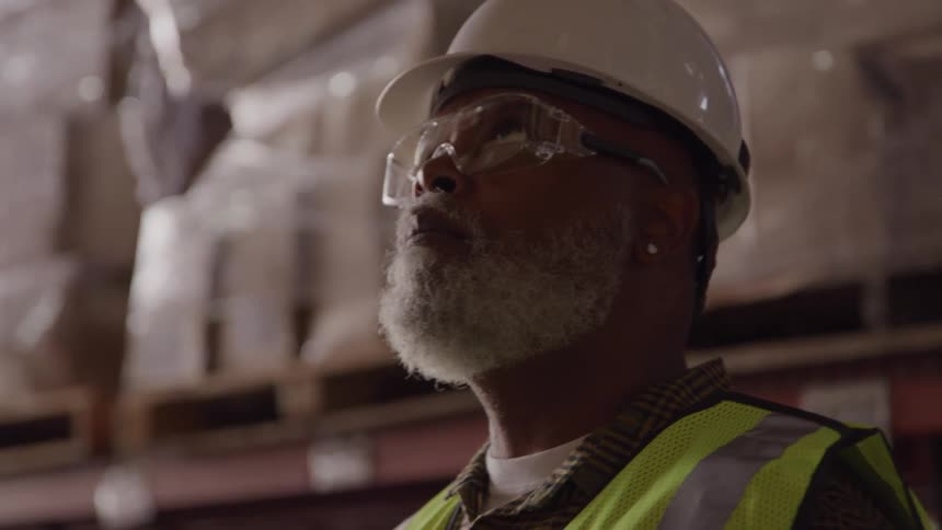 The worker is looking up and down at the inventory