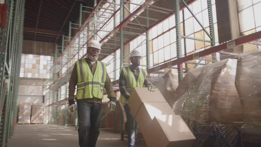 Two workers wearing reflective vests and hard hats walking together in a warehouse one pushing a cart with boxes