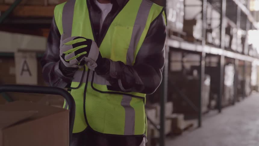 A warehouse worker wearing a dark plaid shirt and a bright yellow safety vest is standing in an aisle and adjusting his light gray and black gloves on his hands