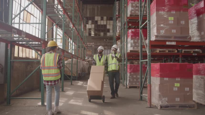 Three workers in reflective vests and helmets in a warehouse with one pushing a box on a hand truck