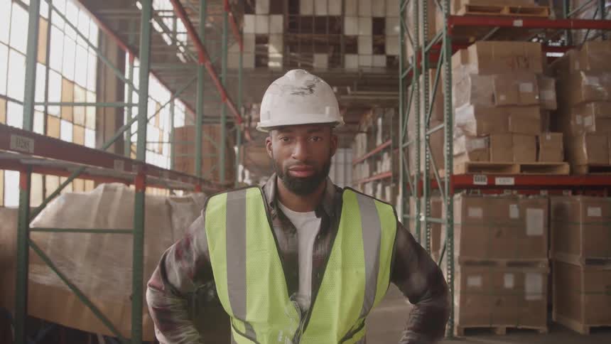Worker wearing a reflective vest and hard hat in a warehouse with shelves and boxes